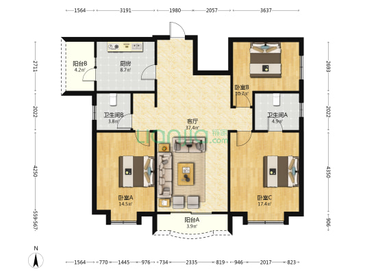 川大花园（北园） 3室1厅2卫 123平方