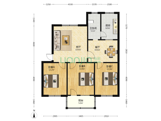 水泥厂宿舍 3室2厅1卫 104平方