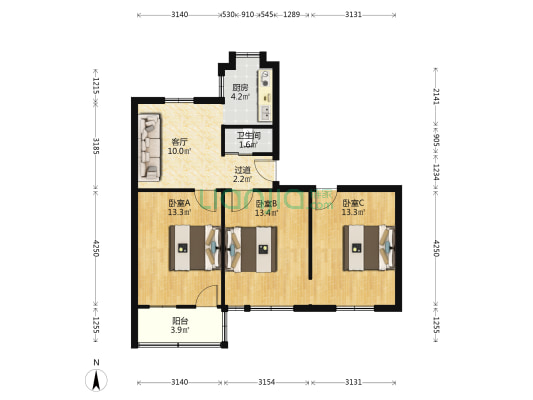 邓家巷 3室1厅1卫 77平方
