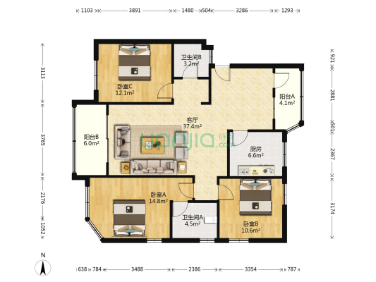 旧宝石花园 3室1厅2卫 116平方