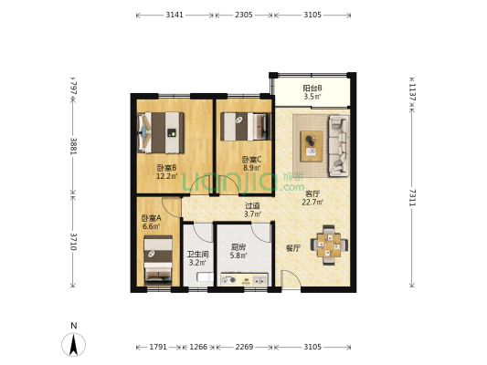 湖湾大厦 3室1厅1卫 97平方