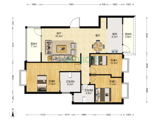 湖畔之梦 3室1厅2卫 132平方