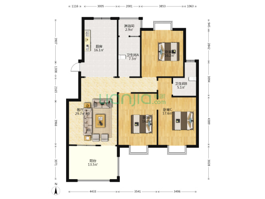 凤凰国际 3室1厅3卫 144平方