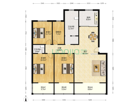 工人路319 3室1厅2卫 165平方