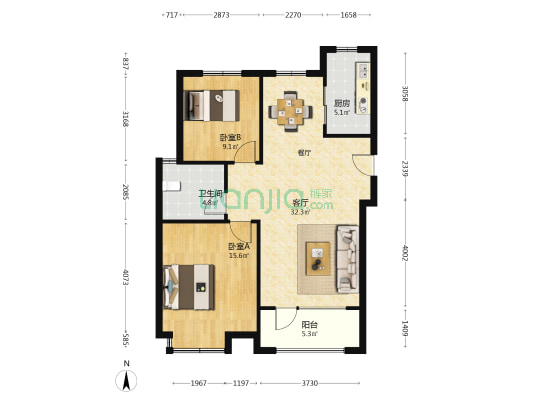 海尔御品华府2期 2室1厅1卫 83平方