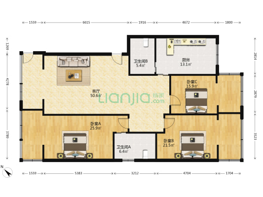 白马苑 3室1厅2卫 154平方