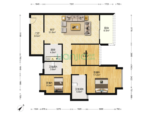 御龙山星曜一期 3室1厅2卫 115平方