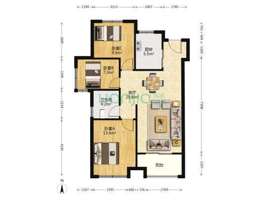 公元壹号1期 3室1厅1卫 95平方