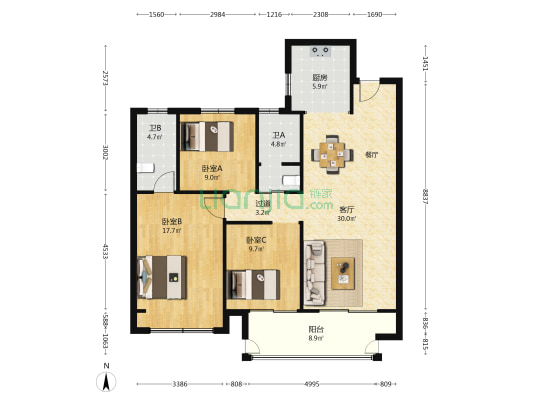 迎宾润府 3室1厅2卫 120平方