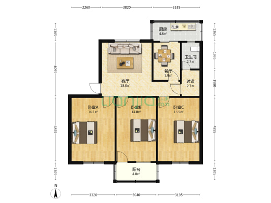 党委机关宿舍 3室2厅1卫 97平方