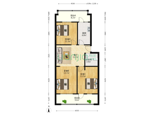 中行家属楼 3室1厅1卫 87平方