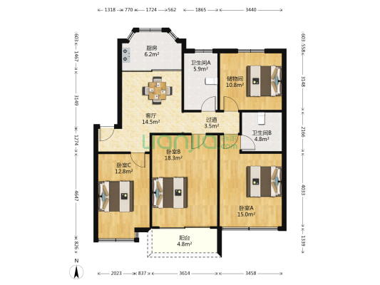 春天花园 3室1厅2卫 116平方