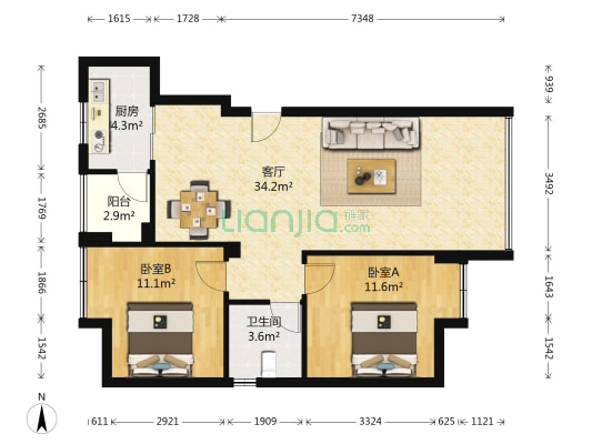 中铁金花国际城 2室1厅1卫 80平方