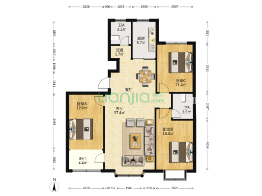 恒信阳光假日A区 3室1厅2卫 134平方
