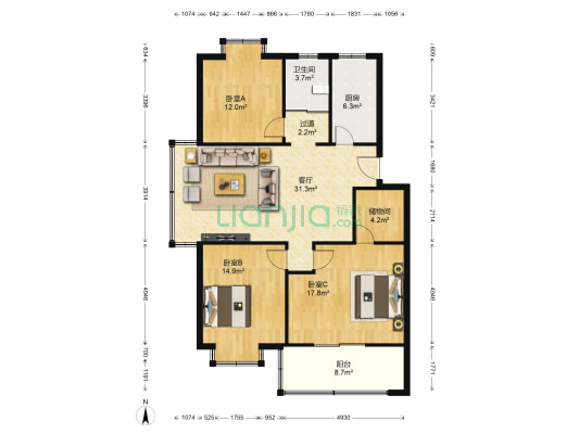 金伦汇锦园 3室1厅1卫 118平方