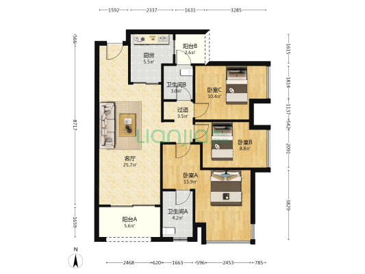 万科城市花园峯阅 3室1厅2卫 98平方
