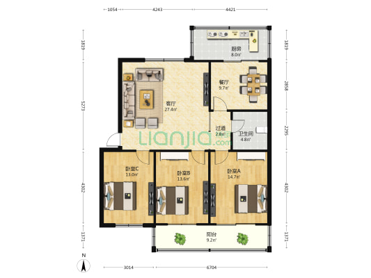 果树场徳忠苑小区 3室2厅1卫 124平方