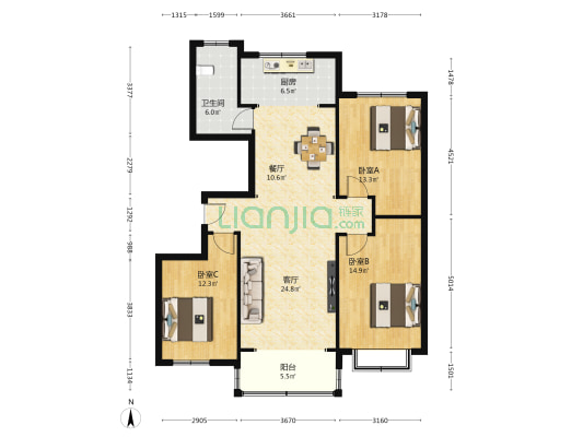 锦绣花园 3室2厅1卫 128平方