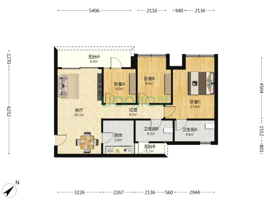 万科星光天空之城 3室1厅2卫 85平方