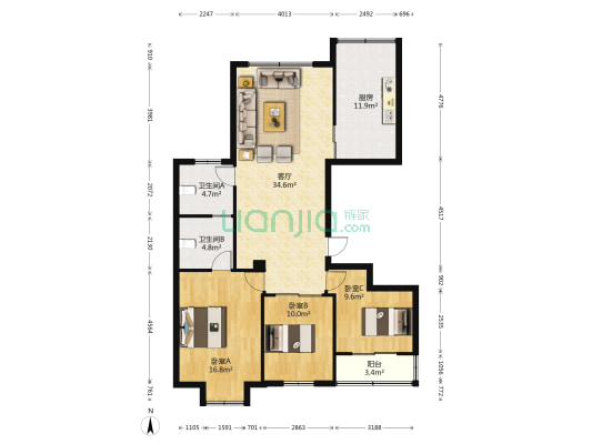 群升国际B区阳光丽景 3室1厅2卫 138平方