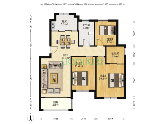 锦祥花园 3室1厅1卫 103平方