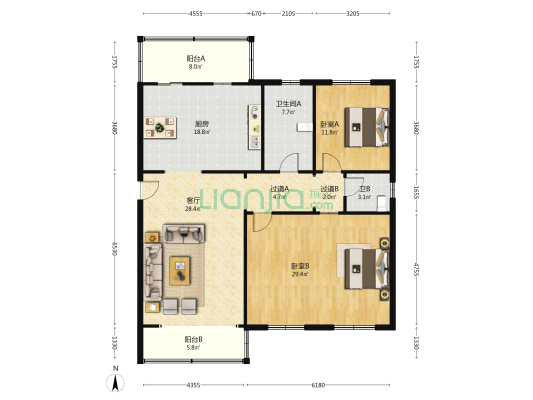 东北大学高层住宅 2室1厅2卫 156平方