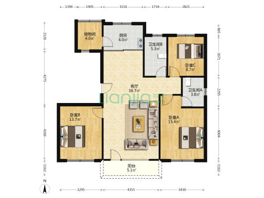 红大汇诚B区 3室1厅2卫 130平方