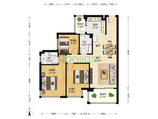 瀚林学府 3室1厅2卫 89平方