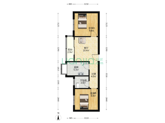 建新西街40号 2室1厅1卫 57平方