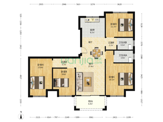 幸福里 4室1厅2卫 148平方