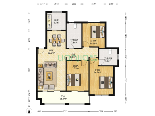 三联嘉苑 3室1厅2卫 124平方