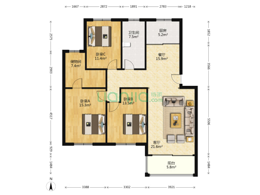 枫华景园 3室2厅1卫 123平方