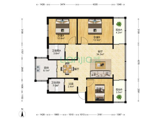 华润公寓 3室1厅2卫 99平方
