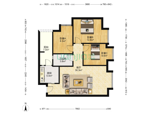 人居锦尚春天B区 3室1厅1卫 90平方