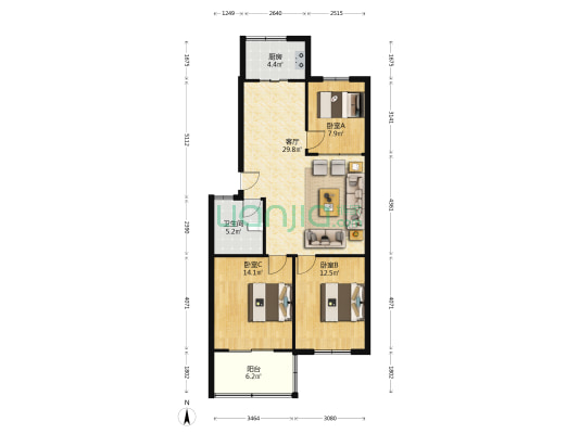 九州花园 3室1厅1卫 100平方