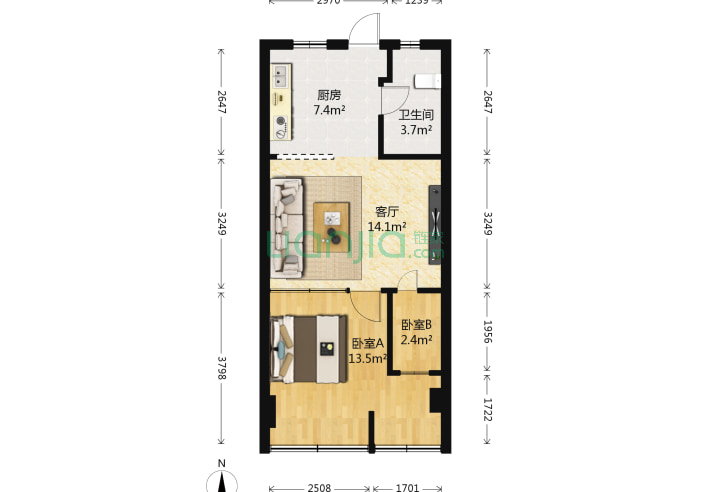 2室1厅1卫51.3㎡-南京先锋青年公寓户型图