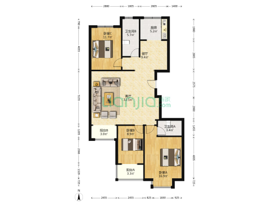 名流城市尊邸 3室2厅 南 北-户型图