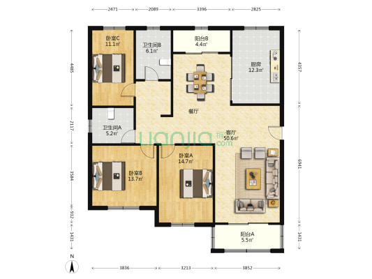 复华城市花园紫金里 3室1厅2卫 153平方