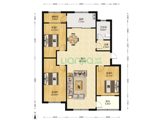 金福苑A区 3室1厅1卫 144平方