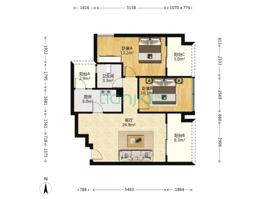 白果林银杏广场 2室1厅1卫 88平方
