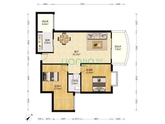 东方雅园 2室1厅1卫 104平方