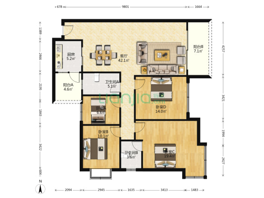 置信花园 4室1厅2卫 150平方
