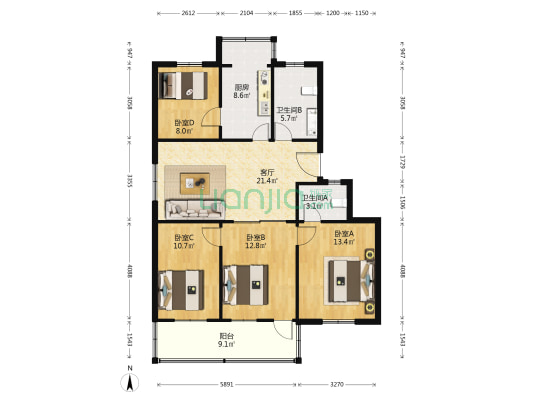 龙西路170-1号 4室1厅2卫 99平方