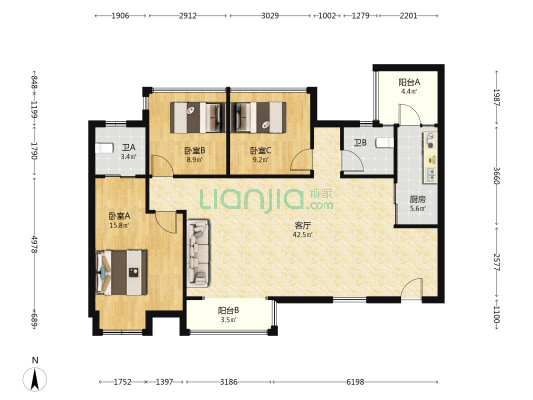 欢乐颂 3室1厅2卫 117平方
