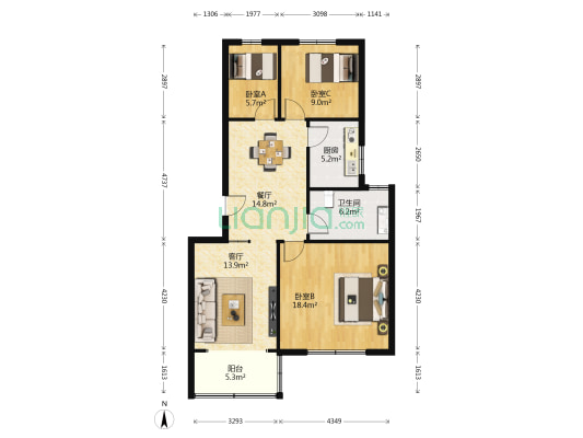 金晖园 3室2厅1卫 101平方