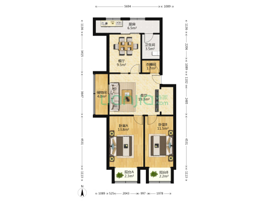 奎园春月园 2室2厅1卫 92平方