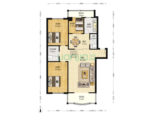 春晖家园 3室2厅2卫 128平方