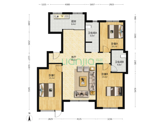 中康绿城百合花园 3室1厅2卫 128平方