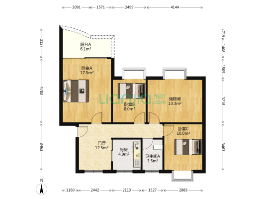 汇龙花园 3室0厅1卫 88平方