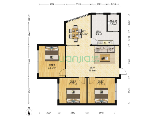 幸福楼 3室2厅1卫 104平方